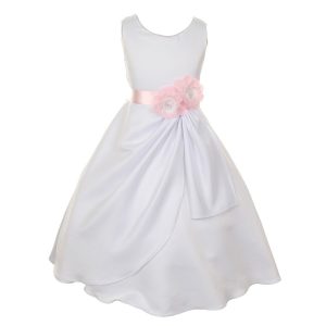 Festliches Mädchenkleid aus mattem Satin mit Paillettenblumen – Weiß/Rosa, 8–14