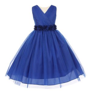 Royalblaues Blumenmädchenkleid aus Tüll mit Chiffon-Blumenbindegürtel, Größen 2–6