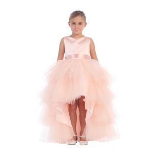 Roséfarbenes Tutu-Blumenmädchenkleid mit gestuften Volants und Vokuhila-Saum für kleine Mädchen – 2–6