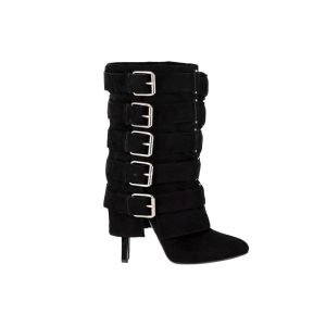 Balmain Stiefel mit Schnallen und hohem Absatz aus schwarzem Veloursleder