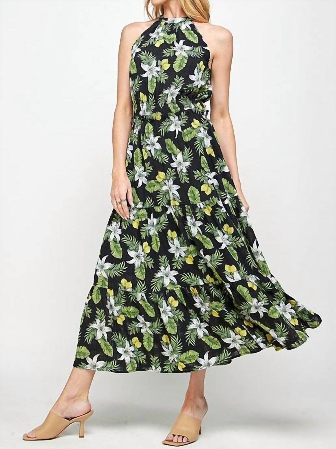 Kleid – Neckholder, Schwarz, Maxi-Länge