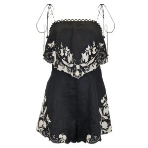 Zimmermann Juniper kurzer Jumpsuit aus schwarzem Leinen mit Blumenstickerei – 7733716811836