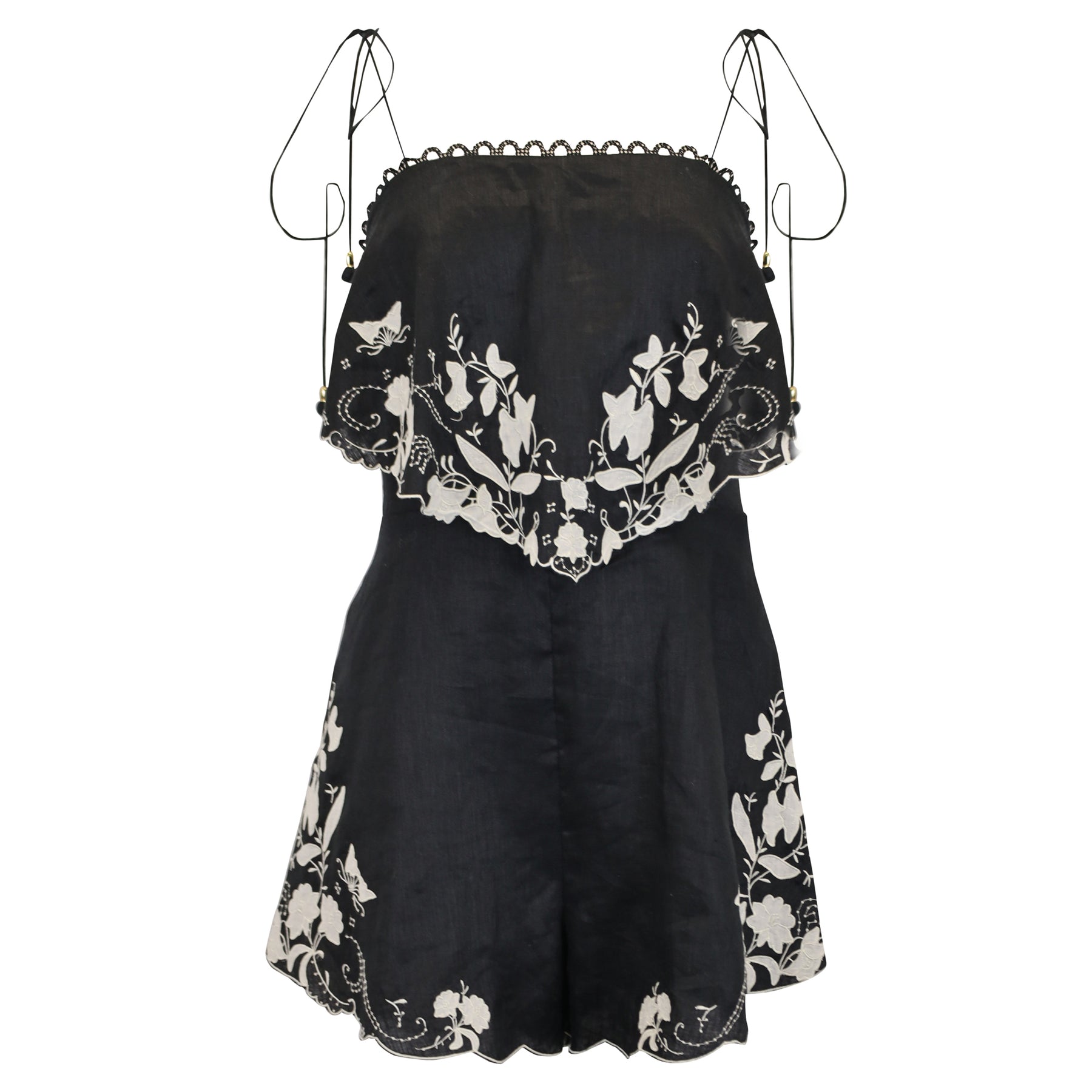 Zimmermann Juniper kurzer Jumpsuit aus schwarzem Leinen mit Blumenstickerei – 7733716811836