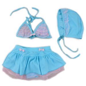 Dreiteiliges Mädchen-Badeset mit Spitzenbesatz und Badekappe in Blau-Rosa, Größen 2T–7