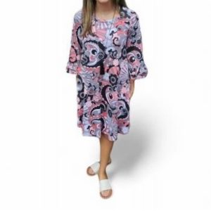 Print Kleid – Schwarz, Weiß, Koralle, weit schwingender Schnitt