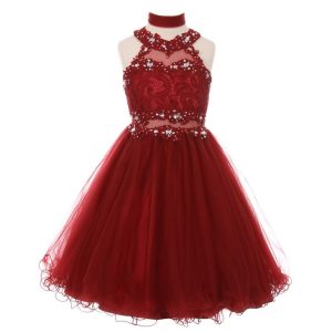 Bordeauxrotes Blumenmädchenkleid aus Spitze mit Neckholder und Strass, Größen 4–6