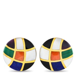 Asch Grossbardt Clip-Ohrringe aus 14-karätigem Gelbgold mit Koralle, Lapislazuli, Perlmutt und Onyx – AG15-091124