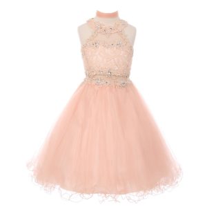 Altrosa Blumenmädchenkleid aus Spitze und Tüll mit Neckholder und Strass, Größen 4–6
