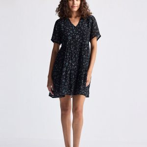 Kurzes gestuftes Kleid mit Blumenmuster – Dunkelblau