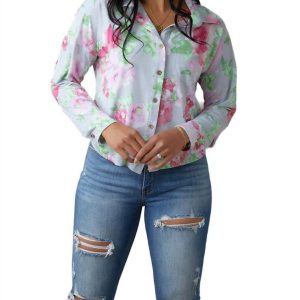 Thinking On It graues Top mit Blumenmuster und offenem Rücken – 7732458487868