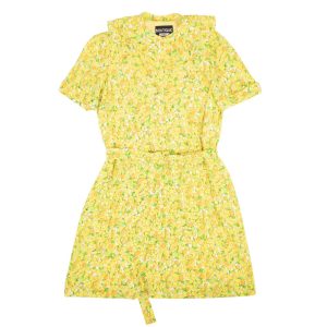 BOUTIQUE MOSCHINO gelbes Seidenkleid mit Zitronendruck und Rüschenkragen – neu mit Etikett