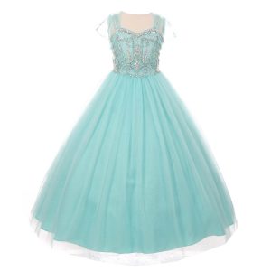 Aquafarbenes Mädchen-Festkleid mit Strass, Tüll und Bolero, Größen 4–6