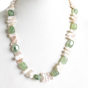 Rarities Damen-Halskette mit Prehnitperlen und Keshi-Perlen aus gelbvergoldetem Sterlingsilber, 24