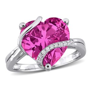 Mimi & Max Herzring aus Sterlingsilber mit synthetischem rosa Saphir und Diamantakzenten – 7 1/4 ct TGW – 7773713858620