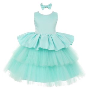 RainKids aquafarbenes Mädchen-Fest- und Blumenmädchenkleid aus Satin und Tüll mit Strass, Größen 2–4T