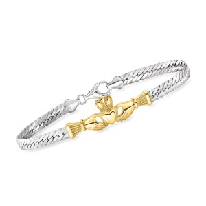 Ross-Simons Claddagh Armband – Sterlingsilber mit 18-karätiger Vergoldung, Sterlingsilber, Kubanerglieder