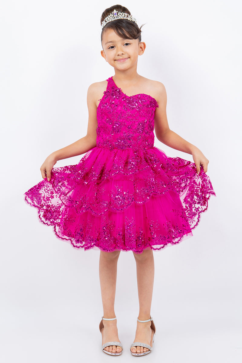 One-Shoulder-Mädchenkleid aus mehrlagigem Tüll, Größen 4–16